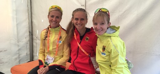 Laura Hottenrott, Fabienne Amrhein, Katharina Heinig vor dem Start des Marathons bei der EM in Berlin